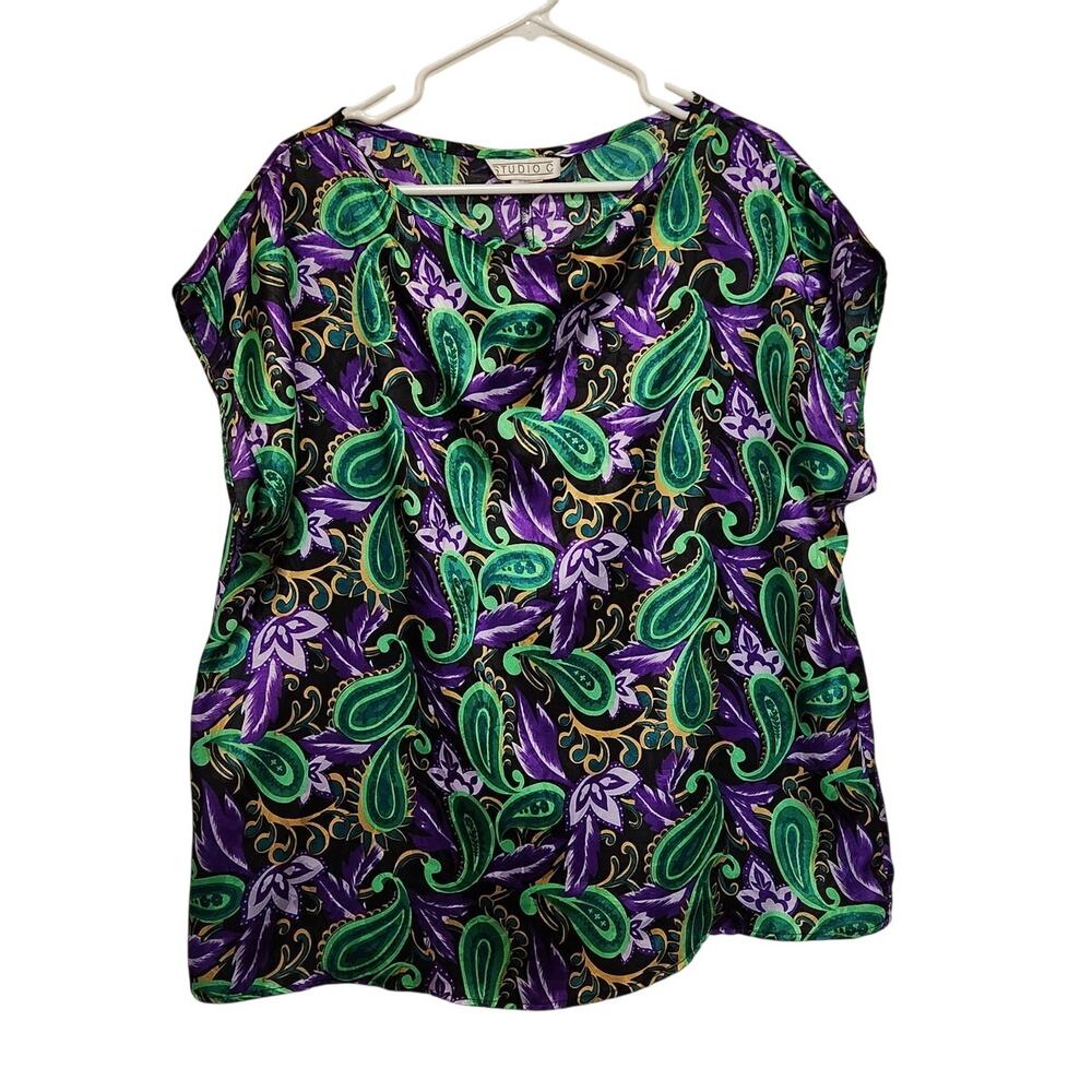 Vintage Studio C Silky Satin Multicolor Paisley Boho Blouse Casual Top Size 38